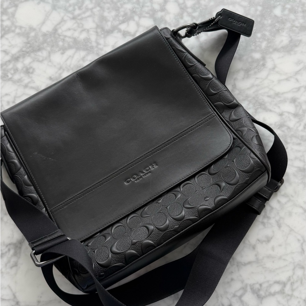 Coach Black Leather Embossed Signature Messenger Bag